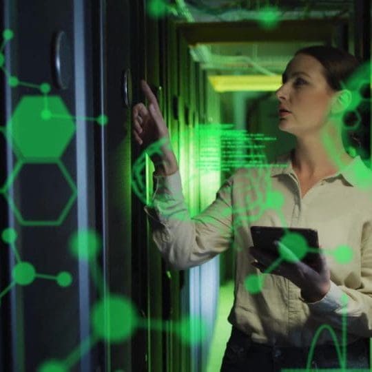 Image of data processing with brains over businesswoman in server room. DDoS Attacks