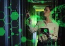 DDoS Attacks Image of data processing with brains over businesswoman in server room. DDoS Attacks