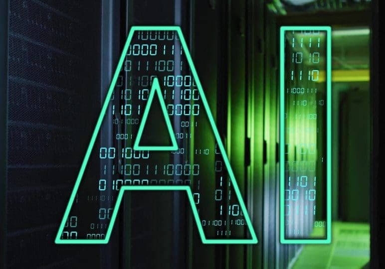 AI text image over binary code and server racks. Technology, data, servers, digital, futuristic, coding AI text image over binary code and server racks