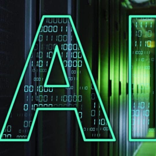 AI text image over binary code and server racks. Technology, data, servers, digital, futuristic, coding AI text image over binary code and server racks