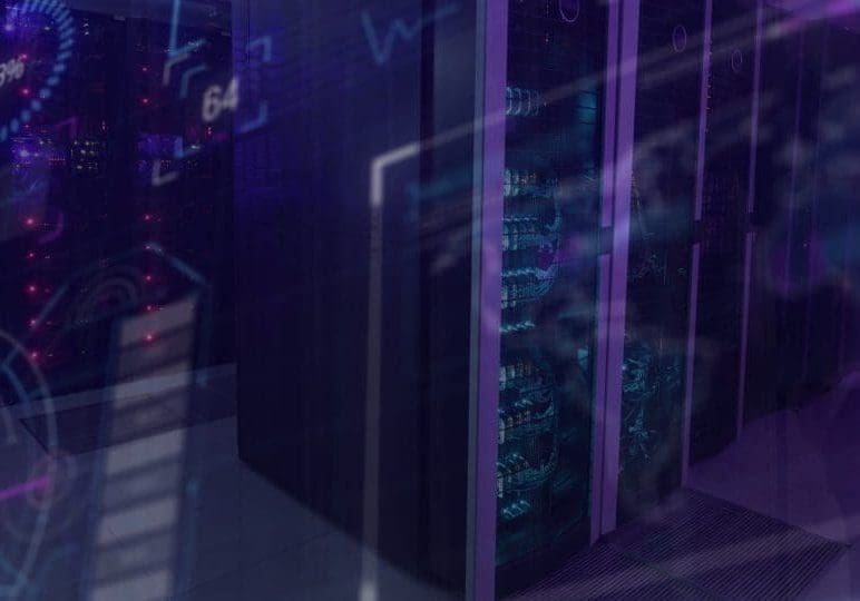 Image of data processing over server room. Global technology, computing and digital interface concept digitally generated image.