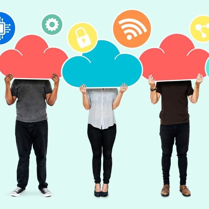 People with cloud network storage symbols