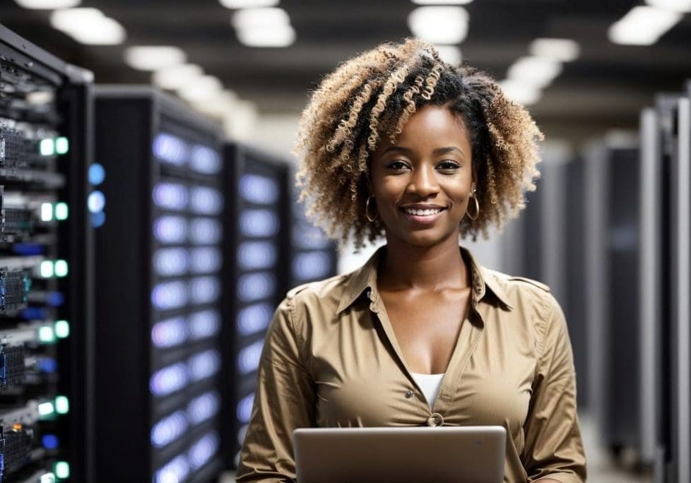 Beautiful Young African Woman with Curly Hair Using Laptop in Server Room. Young African Woman with Curly Hair Working on Laptop in Server Room.