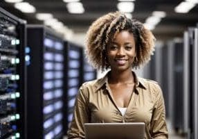 Beautiful Young African Woman with Curly Hair Using Laptop in Server Room. Young African Woman with Curly Hair Working on Laptop in Server Room.